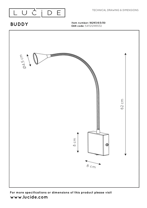 Lucide BUDDY - Lampe de chevet / Applique mural - LED - 1x4W 4000K - Noir - technique